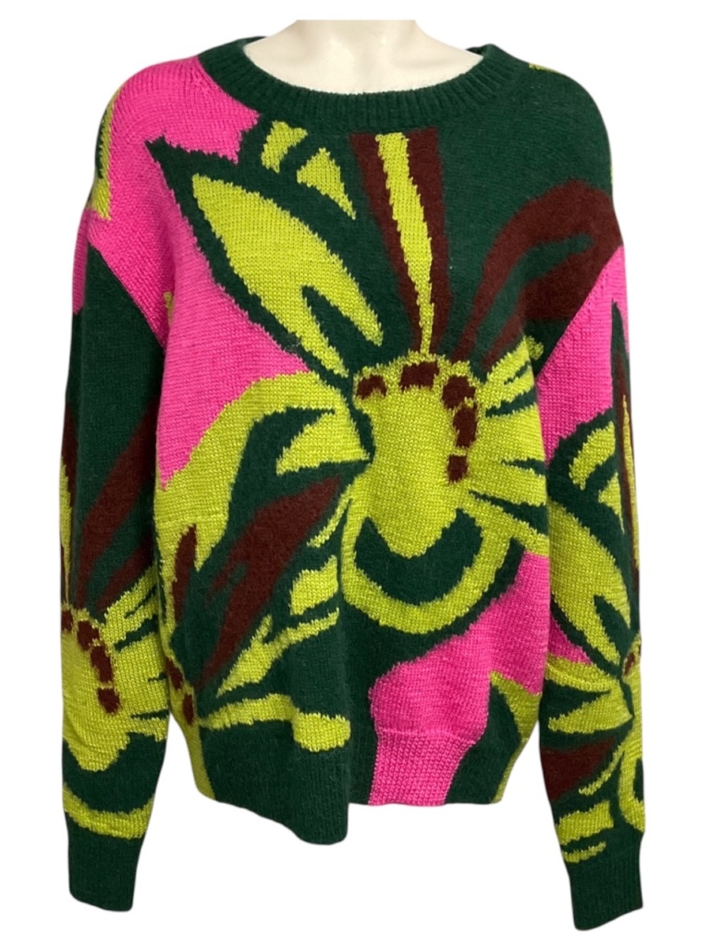 DRIES VAN NOTEN GREEN / LIME GREEN / PINK MULTI WOOL AND ALPACA KNIT PULLOVER SW